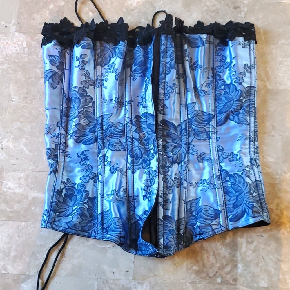 Blue and black full torso corset